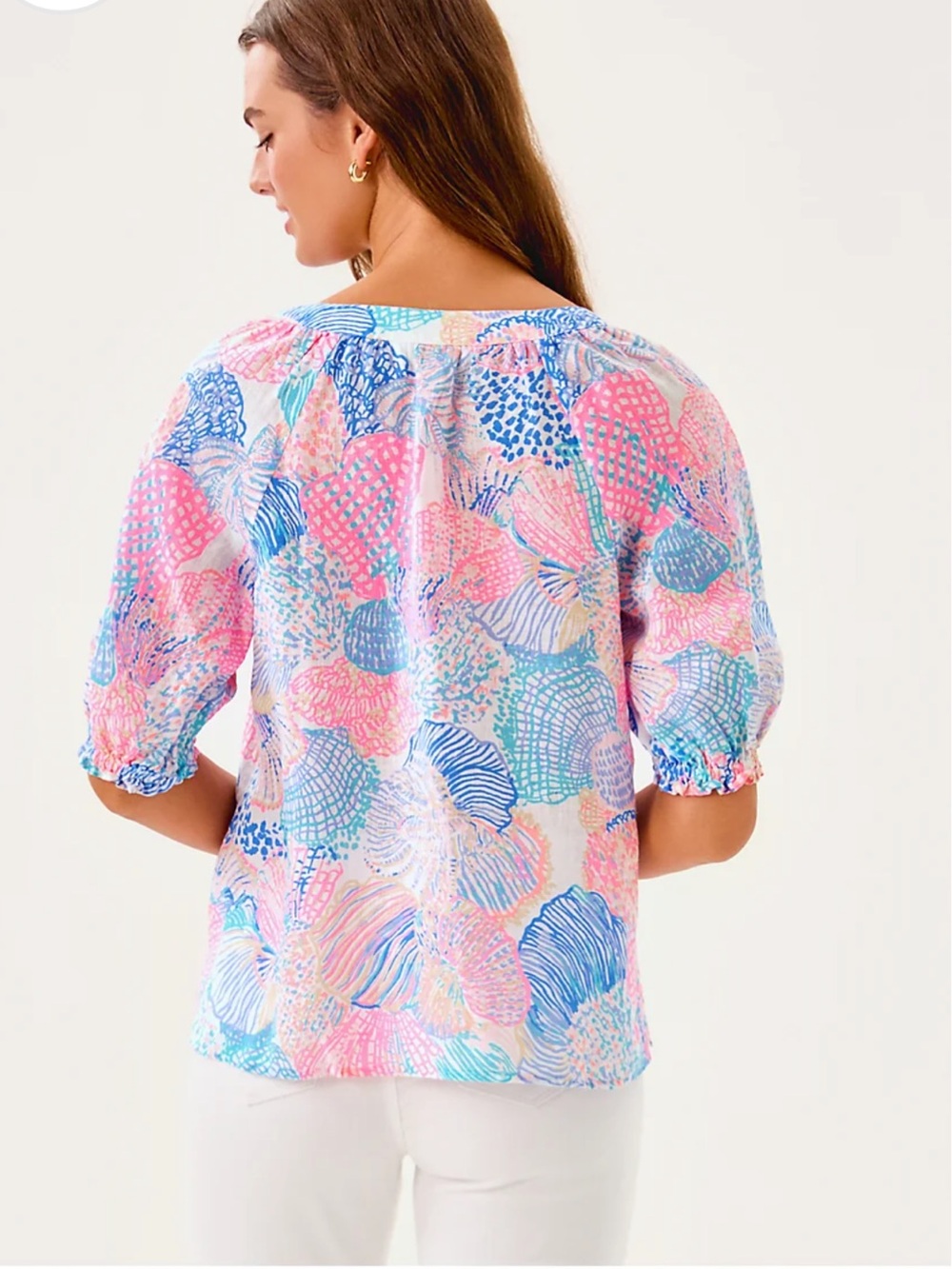 Lilly Pulitzer Seacoast Linen Caprina Roar Of The Seas Puff Sleeve Top Medium - Picture 2 of 13
